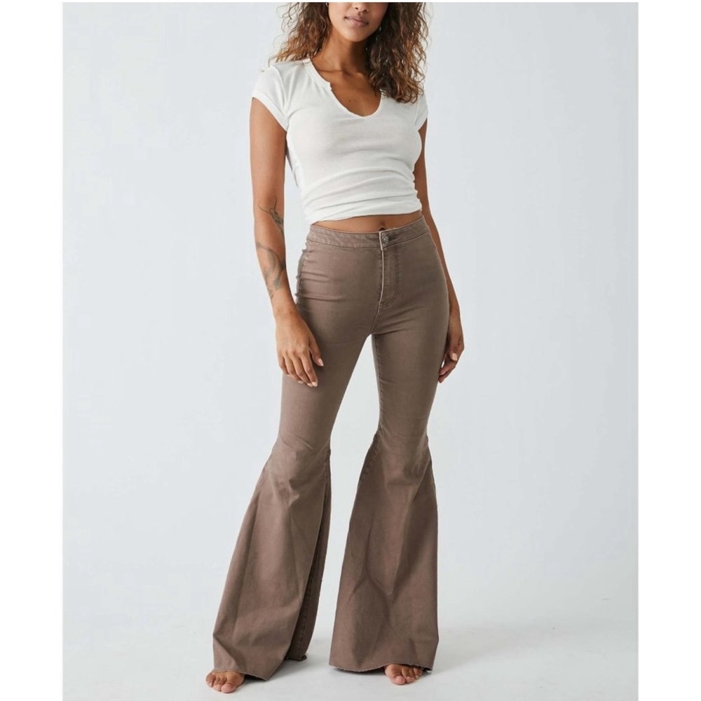 Free People Taupe Wide Leg Flare Jeans - Picture 2 of 16